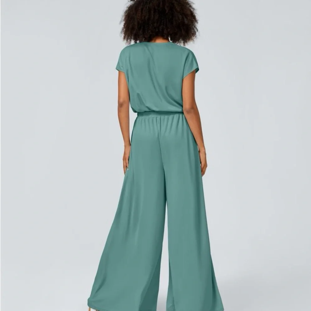 V Neck Short Sleeve Side Pocket Wide Leg Flowy Waffle Casual Jumpsuit Canton L - Picture 2 of 12